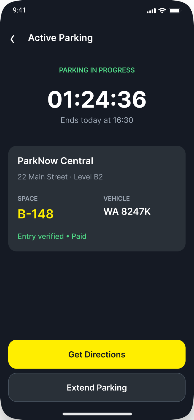 ParkNow app: active parking session screen