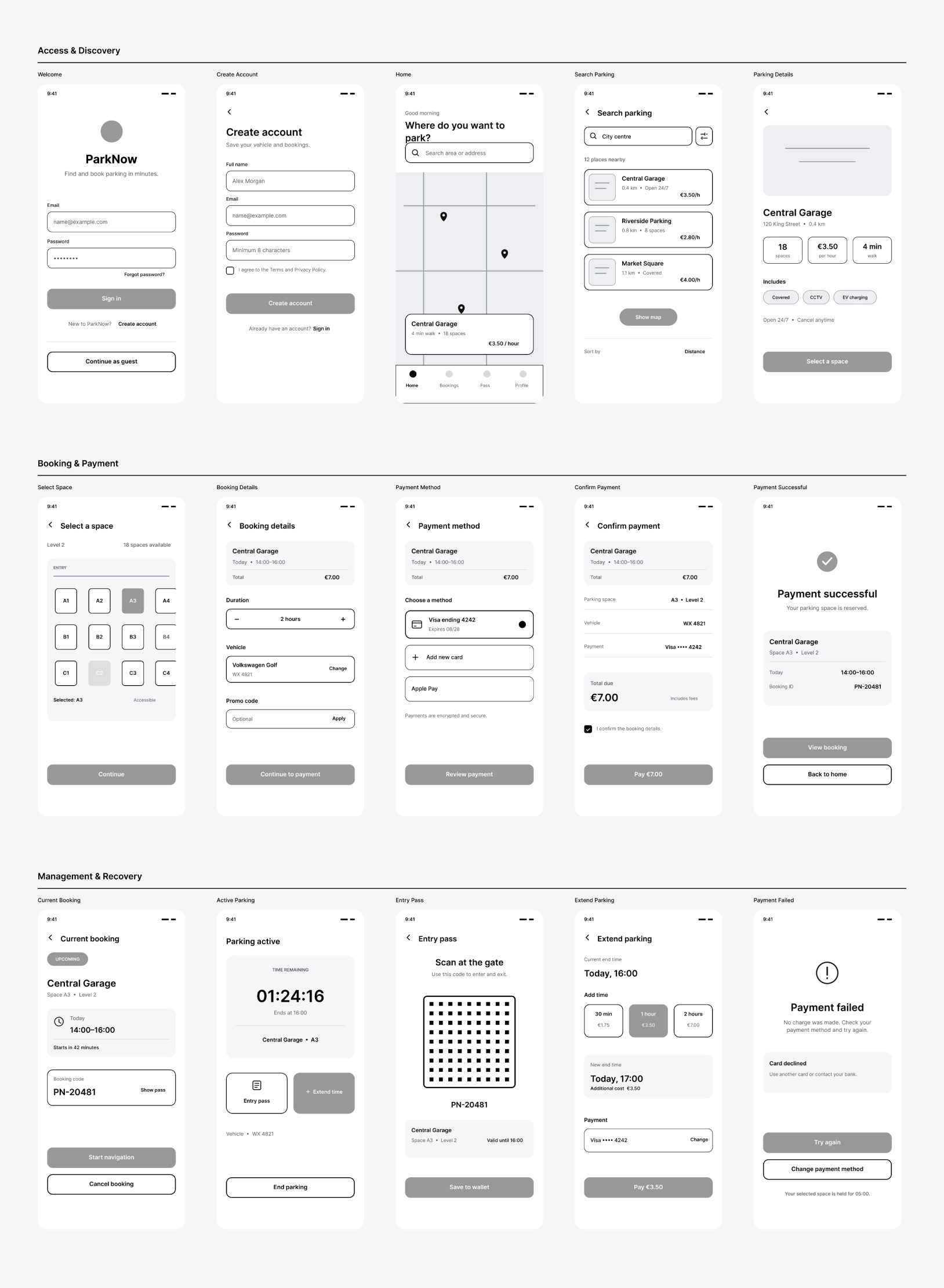ParkNow low-fidelity wireframes