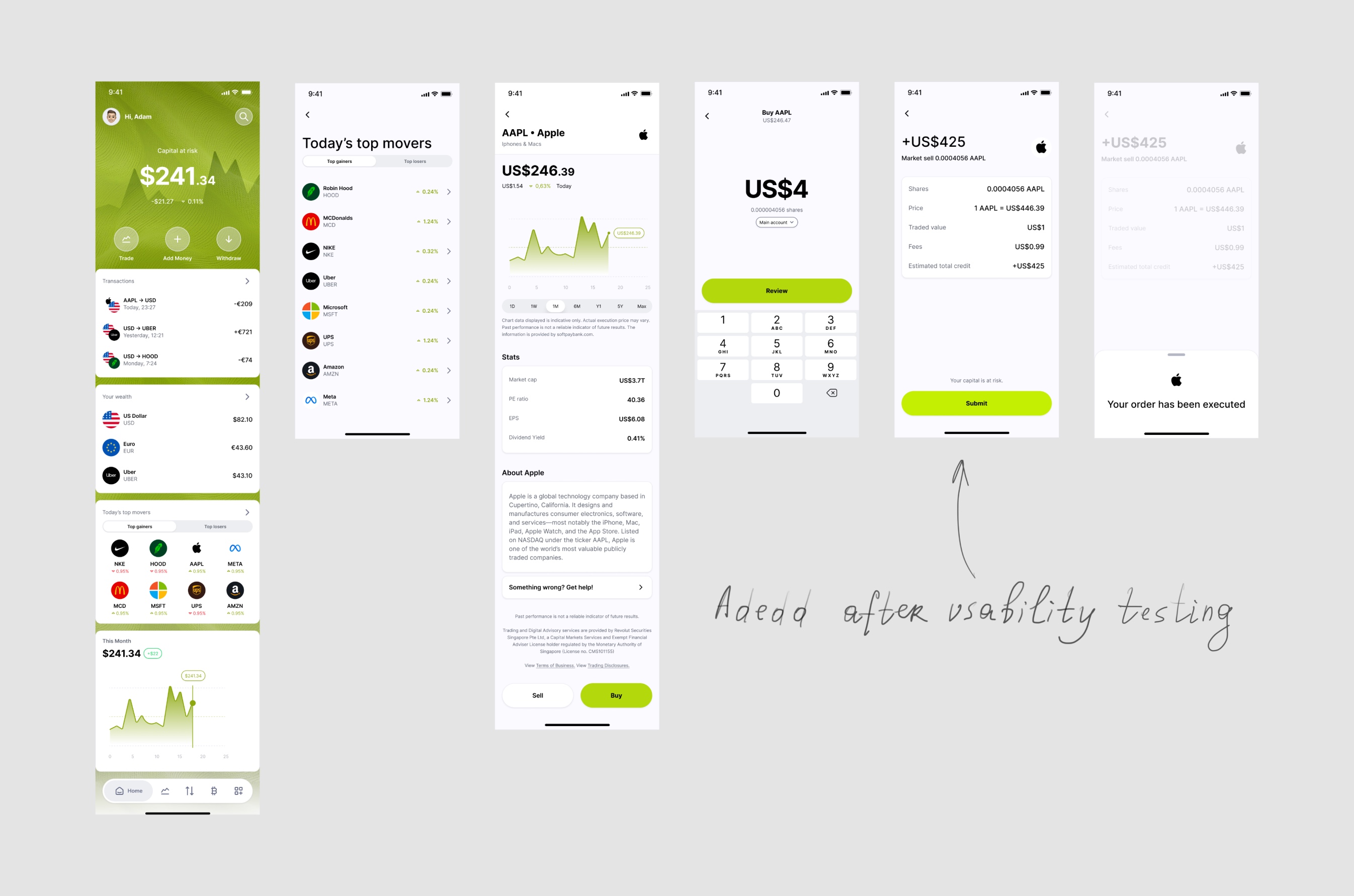 Investing flow screens: asset discovery, review and confirmation